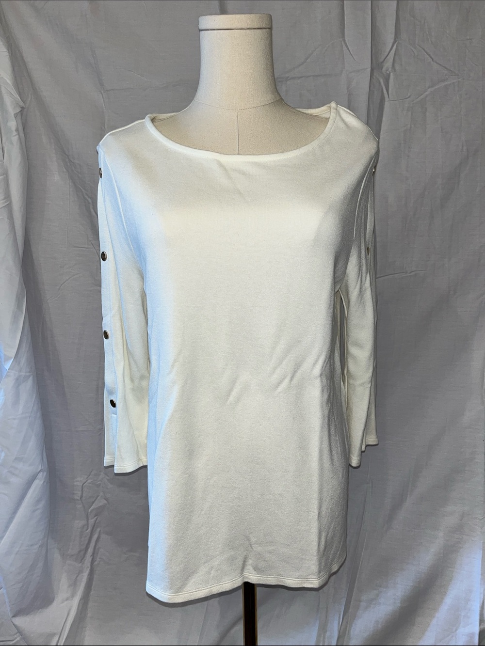 Chico's White Boatneck Long-Sleeve Top with Sleeve Buttons